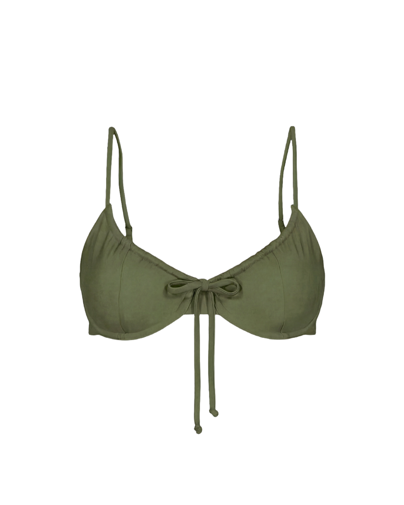 Olive green drawstring top with front bow and thin straps, front view, solid color, smooth texture