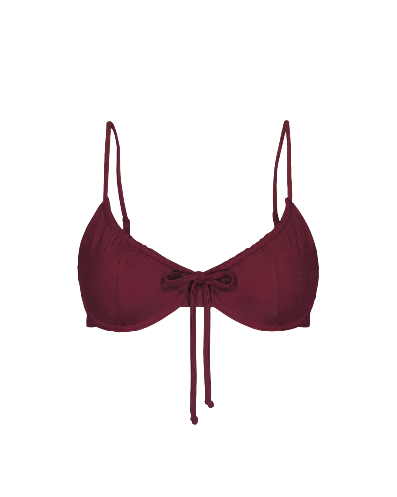 Bordeaux red drawstring top with thin straps and front bow, front view, smooth fabric, minimalist design