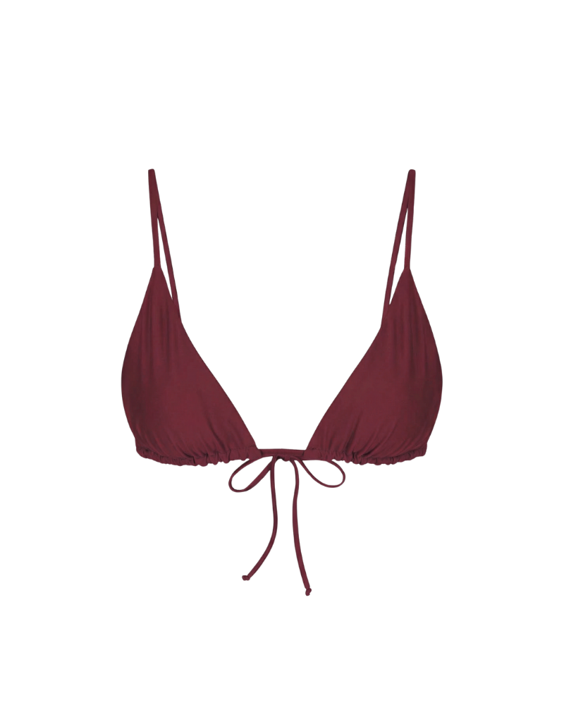Bordeaux red triangle bikini top with adjustable ties and ruched detailing, front view