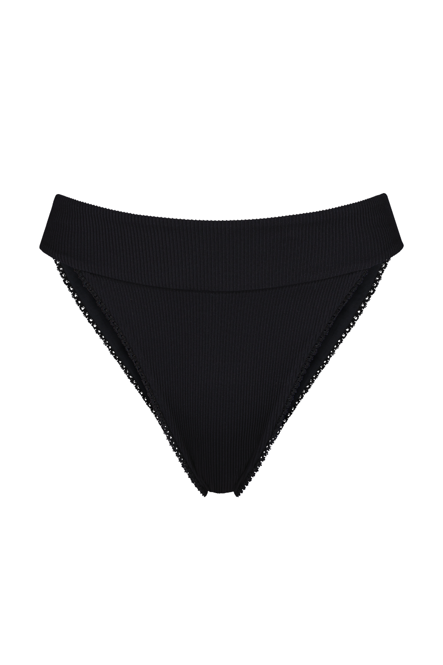 Black ribbed bikini bottom with scalloped lace trim, front view, Chloe Bottoms by Chloe