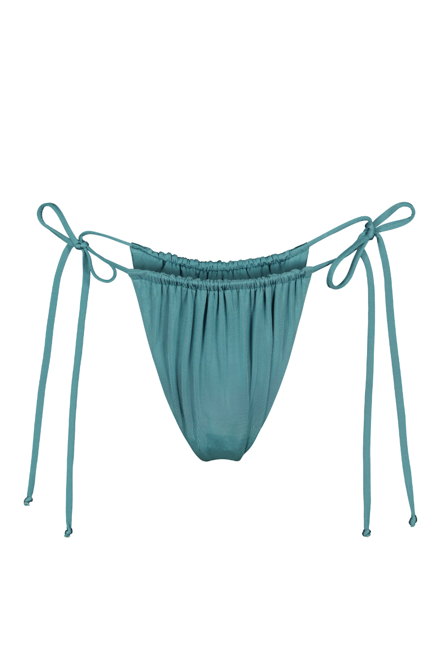 Teal tie-side bikini bottoms with elastic waistband and adjustable strings, front view