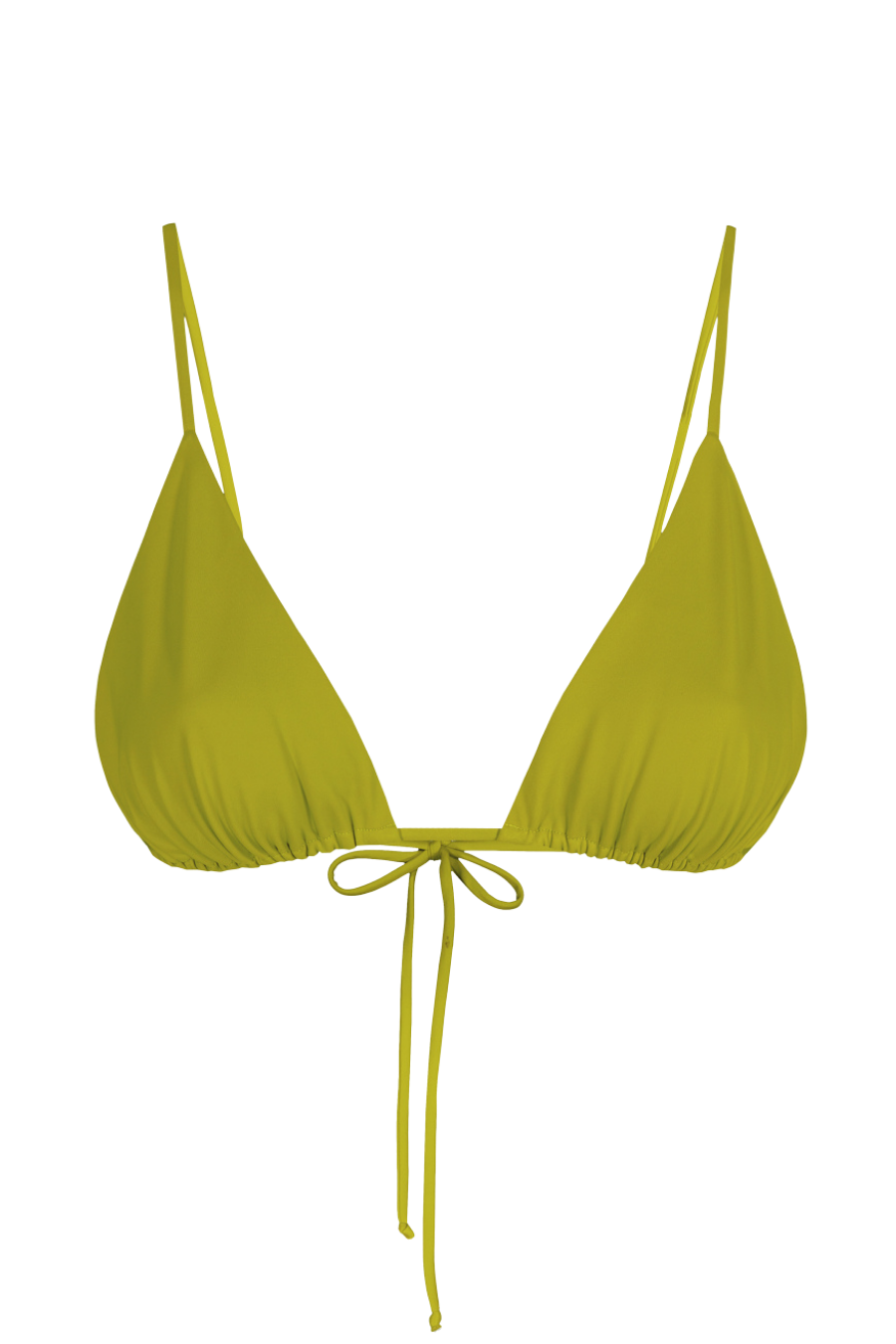 Lime green triangle bikini top with adjustable ties and ruched cups, front view