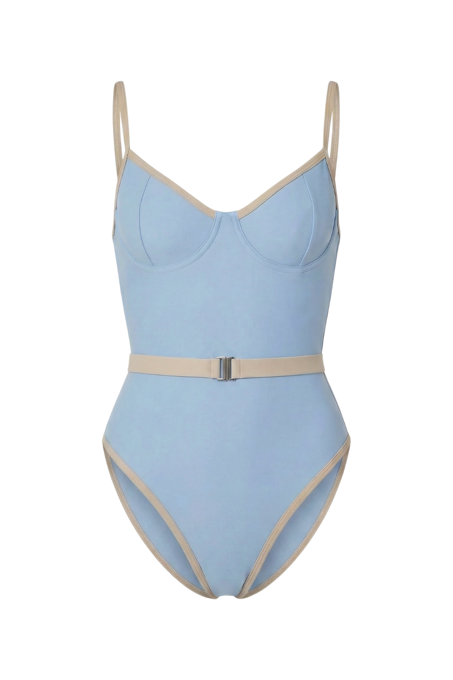 Light blue one-piece swimsuit with beige trim and waist belt, front view, smooth fabric, structured cups, thin straps