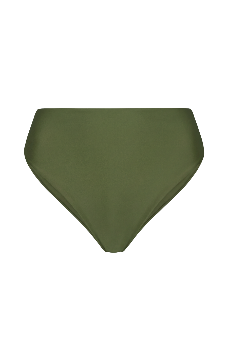 Olive green high-waisted midi bottoms with smooth fabric, front view, solid color, minimalist design