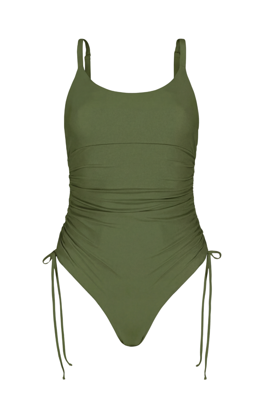 Olive green ruched one-piece swimsuit with side ties, front view, smooth stretch fabric, adjustable straps