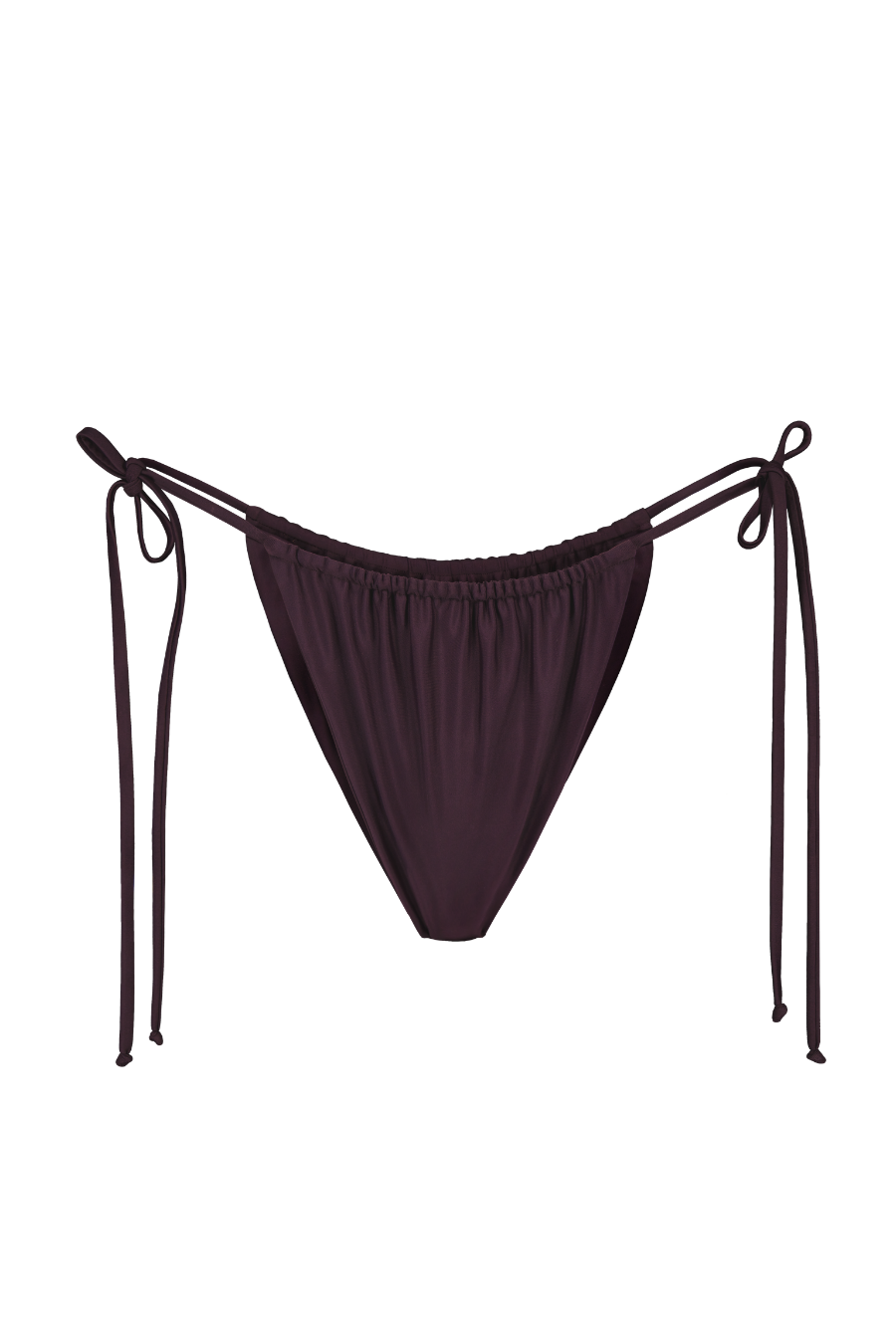 Plum tie-bottom bikini briefs with adjustable side strings and ruched waistband, front view