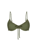 Olive green drawstring top with front bow and thin straps, front view, solid color, smooth texture