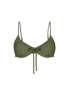 Olive green drawstring top with front bow and thin straps, front view, solid color, smooth texture