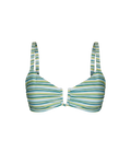 Striped green and white bikini top with ruched cups and adjustable straps, front view