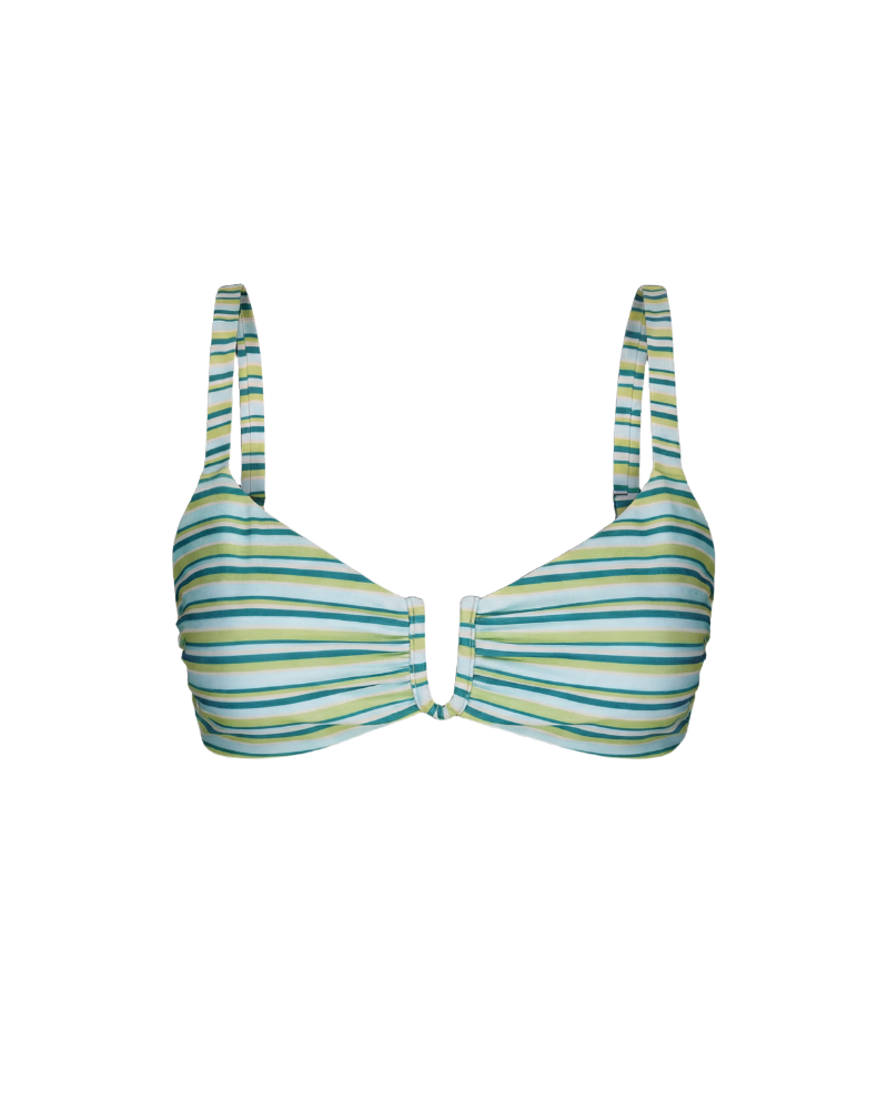 Striped green and white bikini top with ruched cups and adjustable straps, front view