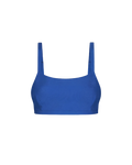 Royal blue cropped top with textured fabric and wide shoulder straps, front view, minimalist design