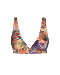 Tropical print plunge top with palm leaf and geometric patterns, front view, vibrant orange and purple tones