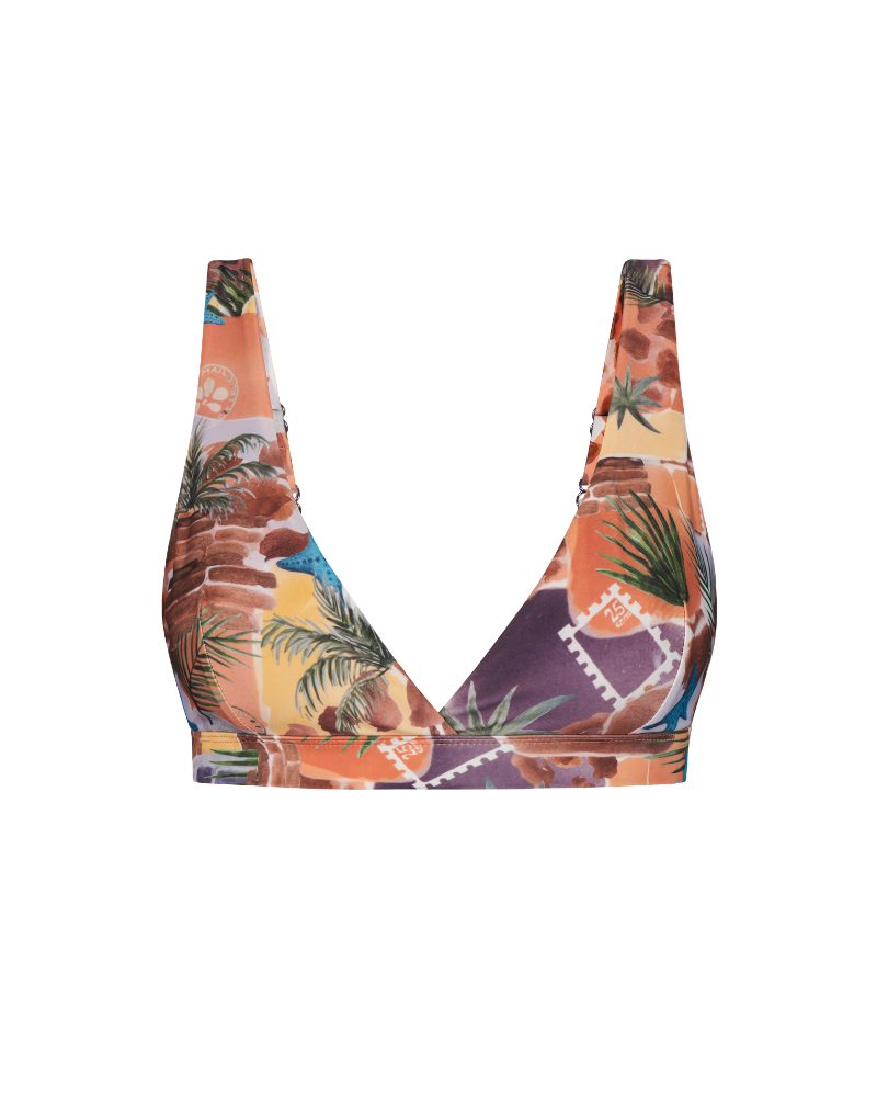Tropical print plunge top with palm leaf and geometric patterns, front view, vibrant orange and purple tones