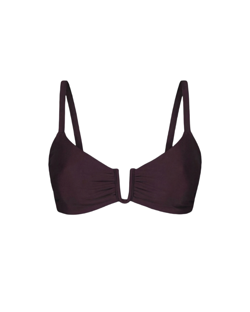 Plum-colored underwire bikini top with gathered center and thin straps, front view, smooth fabric texture
