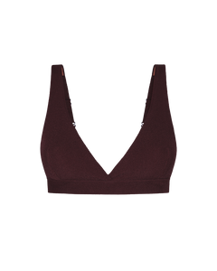 Deep burgundy ribbed plunge top with wide shoulder straps and elastic band, front view.
