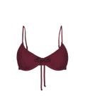 Bordeaux red drawstring top with thin straps and front bow, front view, smooth fabric, minimalist design