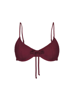 Bordeaux red drawstring top with thin straps and front bow, front view, smooth fabric, minimalist design