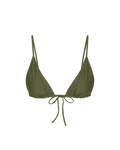 Olive green triangle bikini top with adjustable straps and front tie, front view, solid color, smooth fabric