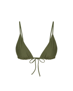 Olive green triangle bikini top with adjustable straps and front tie, front view, solid color, smooth fabric