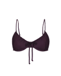 Plum drawstring top with thin straps and front tie, featuring gathered fabric and a cropped fit, shown front view.