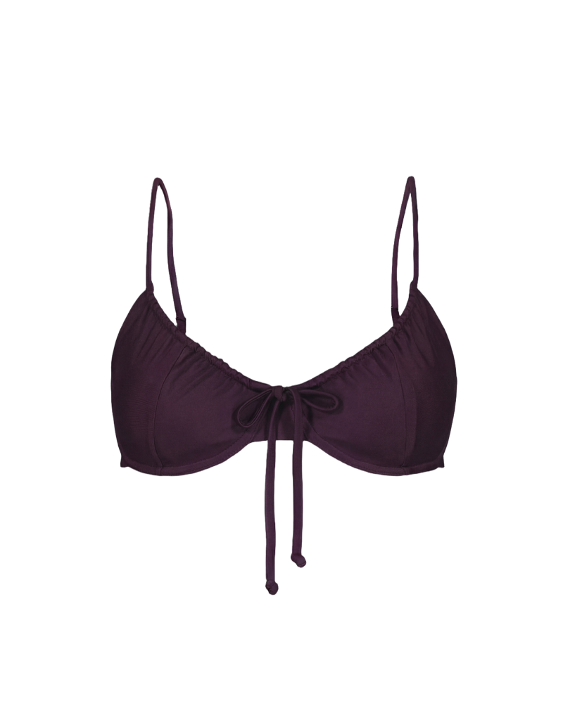 Plum drawstring top with thin straps and front tie, featuring gathered fabric and a cropped fit, shown front view.