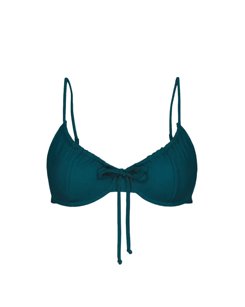 Teal drawstring bikini top with front tie and thin straps, front view, solid color, smooth fabric