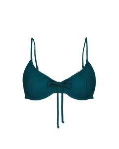 Teal drawstring bikini top with front tie and thin straps, front view, solid color, smooth fabric