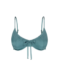 Teal drawstring bikini top with front tie and adjustable straps, front view