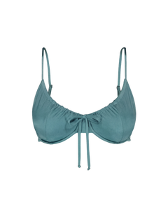 Teal drawstring bikini top with front tie and adjustable straps, front view
