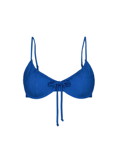 Royal blue drawstring bikini top with front bow and thin straps, front view