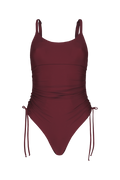 Bordeaux ruched one-piece swimsuit with side ties and adjustable straps, front view