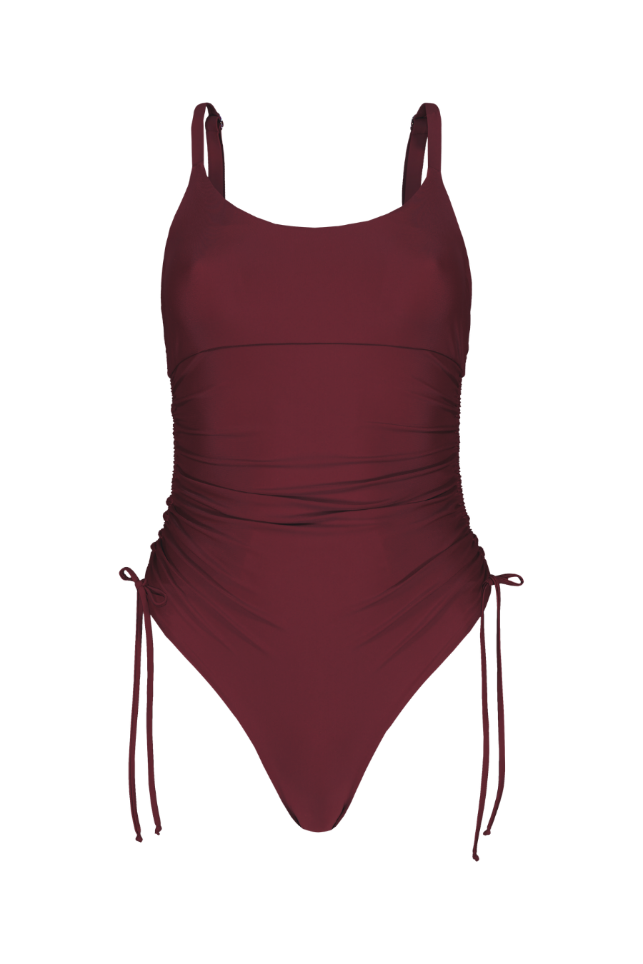 Bordeaux ruched one-piece swimsuit with side ties and adjustable straps, front view