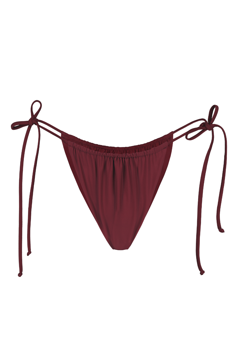 Bordeaux tie-side bikini bottoms with adjustable strings and elastic waistband, front view