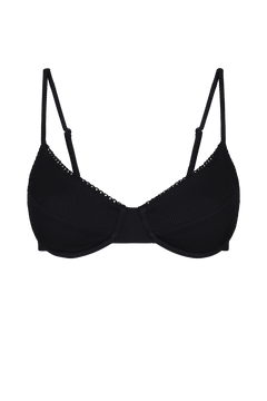 Black ribbed triangle top with thin straps and scalloped edges, front view