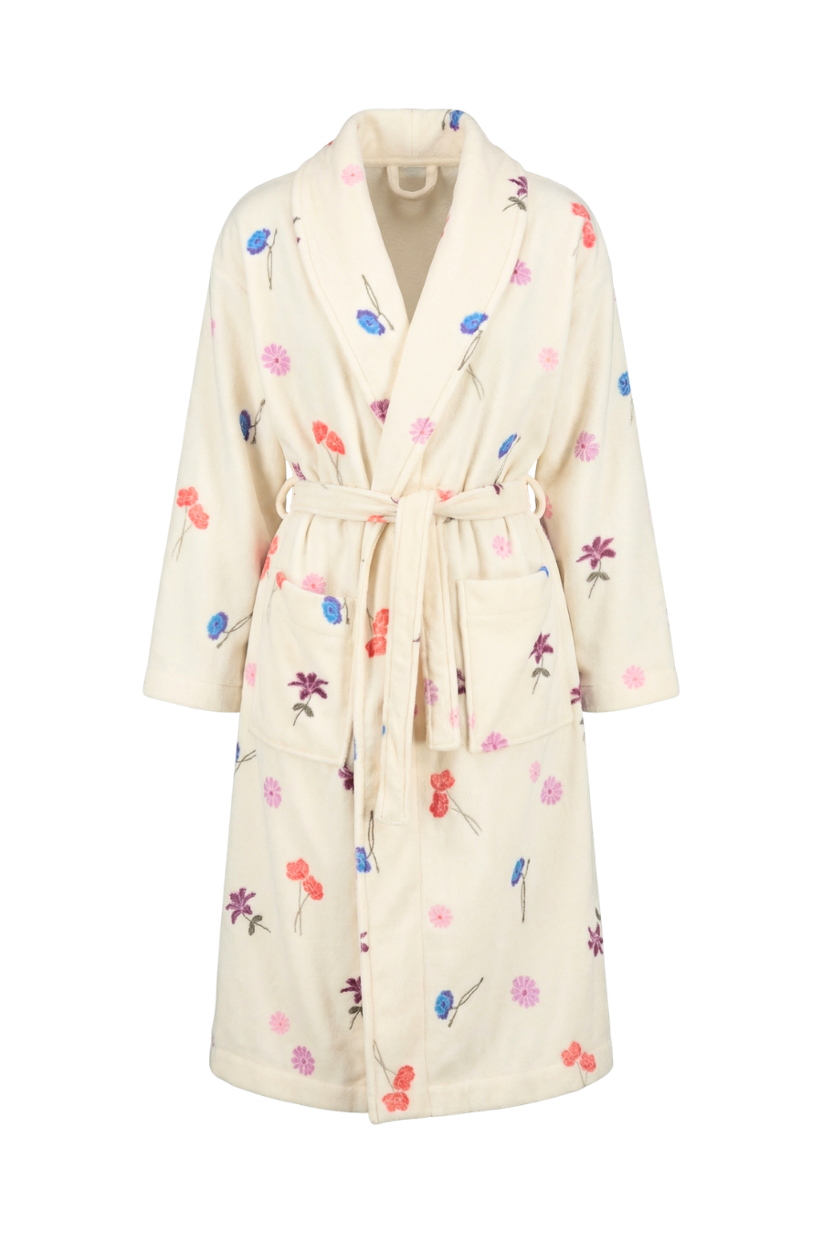 Cream-colored floral bathrobe with colorful embroidered flowers, front tie belt, and two patch pockets, shown front view.