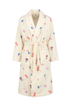 Cream-colored floral bathrobe with colorful embroidered flowers, front tie belt, and two patch pockets, shown front view.