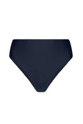 Indigo high-waisted midi bottoms with smooth matte finish, front view, solid color, no visible branding
