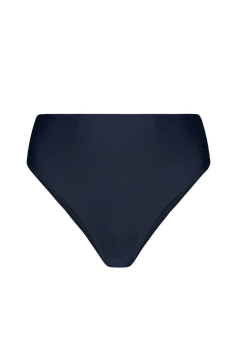 Indigo high-waisted midi bottoms with smooth matte finish, front view, solid color, no visible branding