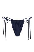 Indigo tie-side bikini bottoms with adjustable strings and elastic waistband, front view