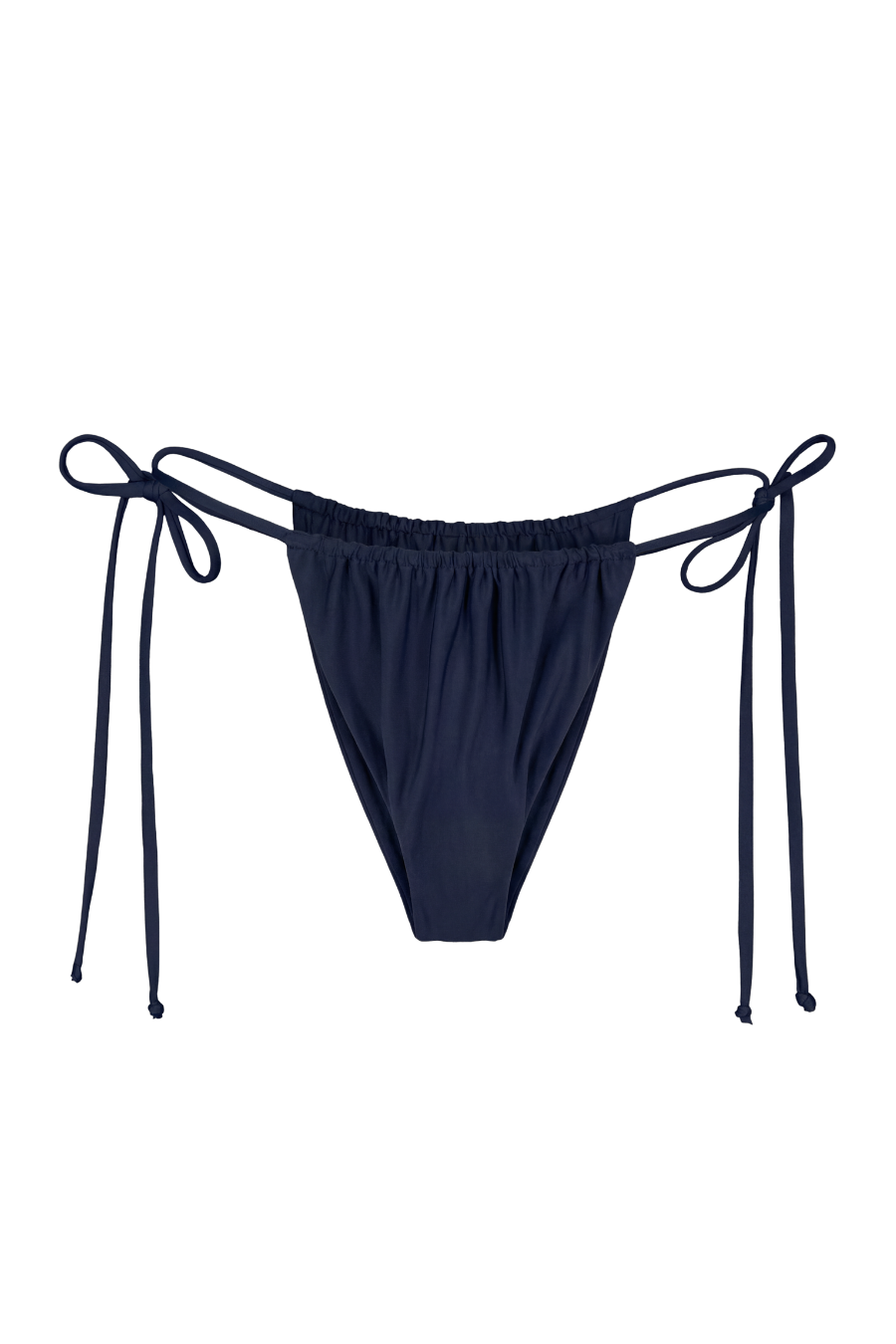 Indigo tie-side bikini bottoms with adjustable strings and elastic waistband, front view