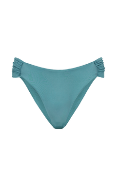 Teal gathered bikini bottoms with ruched side detailing, front view, smooth textured fabric