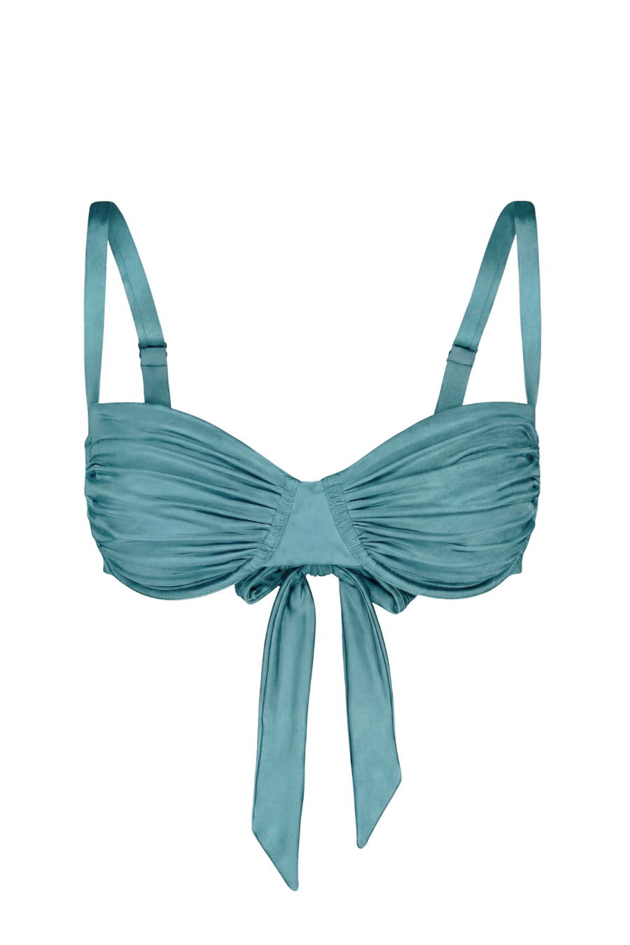 Teal gathered top with ruched bust and front tie, featuring adjustable straps and a sleek, satin-like finish.