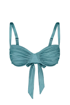 Teal gathered top with ruched bust and front tie, featuring adjustable straps and a sleek, satin-like finish.