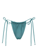 Teal tie-side bikini bottoms with elastic waistband and adjustable strings, front view