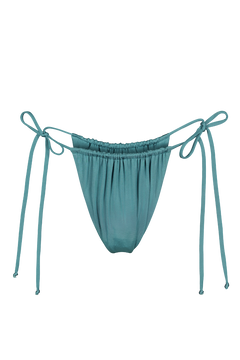 Teal tie-side bikini bottoms with elastic waistband and adjustable strings, front view