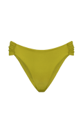 Lime green bikini bottoms with gathered side ruffles, front view, smooth stretch fabric, minimal design