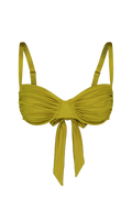 Lime green gathered top with front tie and adjustable straps, front view, smooth fabric texture