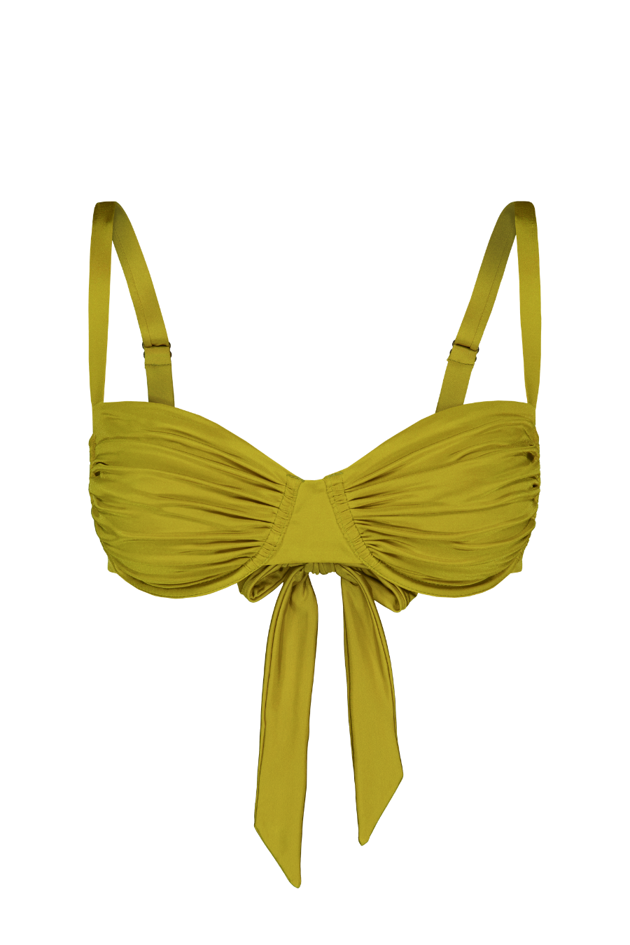 Lime green gathered top with front tie and adjustable straps, front view, smooth fabric texture