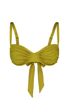 Lime green gathered top with front tie and adjustable straps, front view, smooth fabric texture