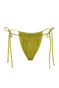 Lime green tie-side bikini bottoms with adjustable strings and ruched waistband, front view